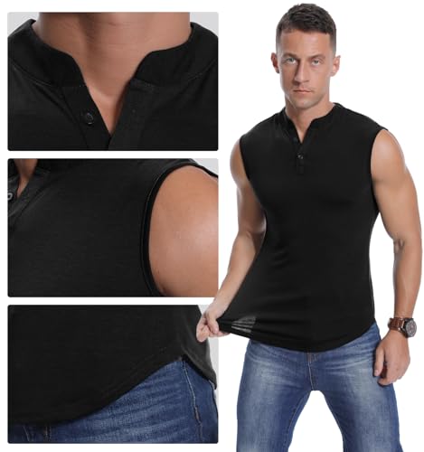 PCEAIIH Men's Sleeveless Henley Vest Athletic Tank Fitness Slim Running Sports Top Fashion Muscle T-Shirt Black - Image 5
