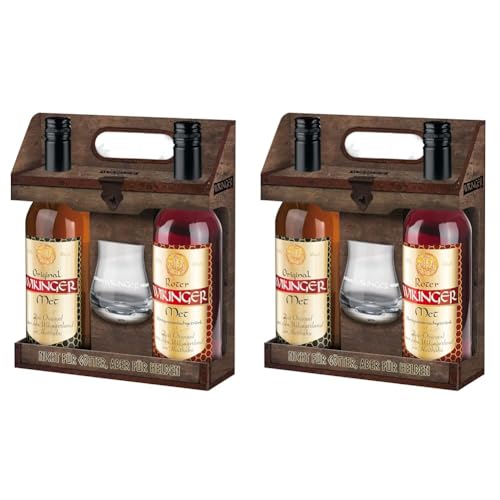 Wikinger Met Lagerfeuer-Set (2 x 0,75l) inkl. Wikinger Haithabu-Glas – Original & Roter Met Honigwein aus dem Wikingerland – 2-er Honigmet ideal pur, als Aperitif oder Heißgetränk – 11 & 6% Vol.
