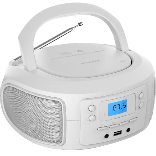 Philips CD Player Portable with Bluetooth Crystal Clear Sound Top Loading CD Boombox with FM Radio USB Port & Aux Input Compact & Lightweight Design R/CD-RW/MP3 Compatible (White)