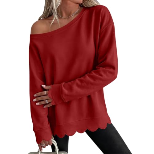 Off Shoulder Sweatshirt for Women Cotton Scalloped Hem Trendy Sweat Shirt - image 1