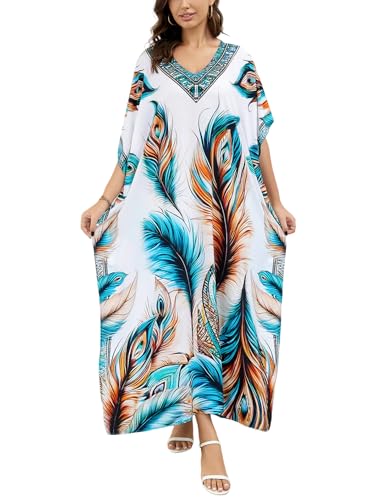Image of IMAGEKOPE Women's Plus Size Loose Fit Moroccan Print V-Neck Batwing Kaftan Beach Dress Bathing Suit Cover Up