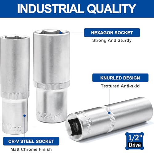 DAKCOS 9PCS Hex Long Socket Set,1/2" Drive Metric Deep Socket, 10-24mm Socket Set with Metal Rail for Home Car Repair & DIY, CR-V, 76mm Long 2 DAKCOS 9PCS Hex Long Socket Set,1/2" Drive Metric Deep Socket, 10-24mm Socket Set with Metal Rail for Home Car Repair & DIY, CR-V, 76mm Long - Image 2