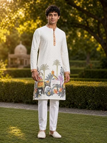 Image of BE ACTIVE Men's Cotton | Regular Fit Casual Mandarin Collar | Long Length Full Sleeves | Embroidered Indian Kurta