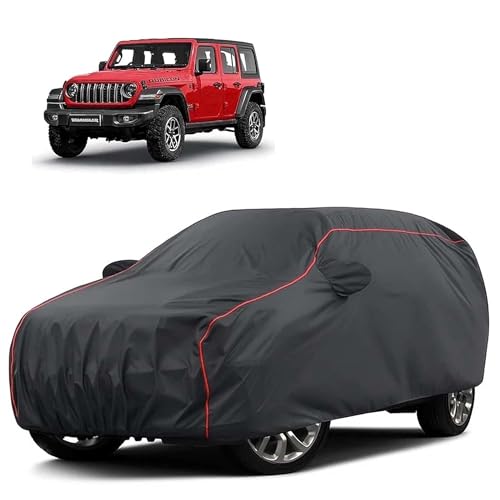 Image of Sulfar 100% Water Resistant Car Body Cover Compatible with Mirror for Jeep Wrangler (Triple Stitched, Full Bottom Elastic, Dark Grey Tafetta with Red Piping)