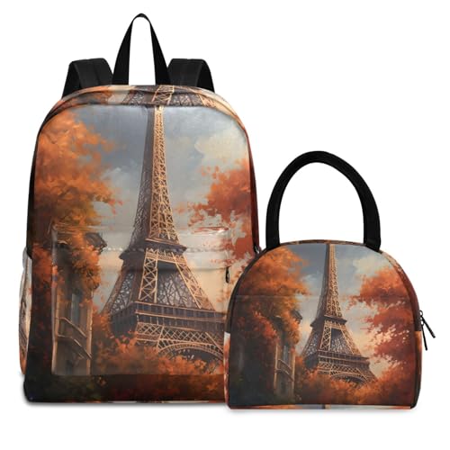 Autumn Eiffel Tower Print Backpack Set with Lunch Bag, Large Capacity Travel Backpacks and Lunch Box Insulated for Commute Hiking Picnic