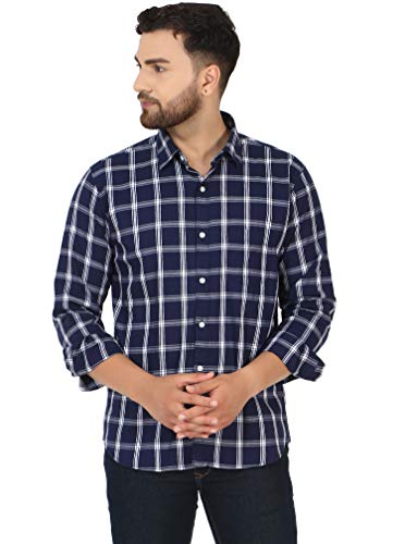 SKAVIJ Men's Cotton Casual Button Down Shirt (Large, Dark Blue)