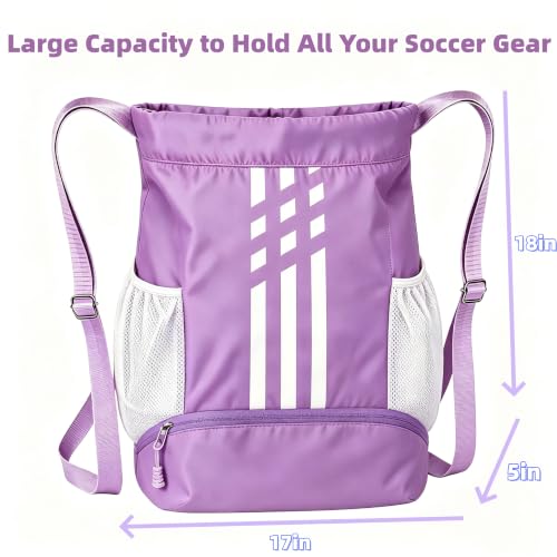 Image of Soccer Bag, Youth Soccer Basketball Bag with Compartments Drawstring Backpack for Football Volleyball Gym Training (Purple)