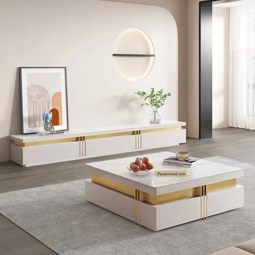 Image of Premium Marble-Top Wooden Center Table with Drawer for Living Room | Luxury Modern Coffee Table | Contemporary Design Craftsmanship - 36X36X17 Inch (White)