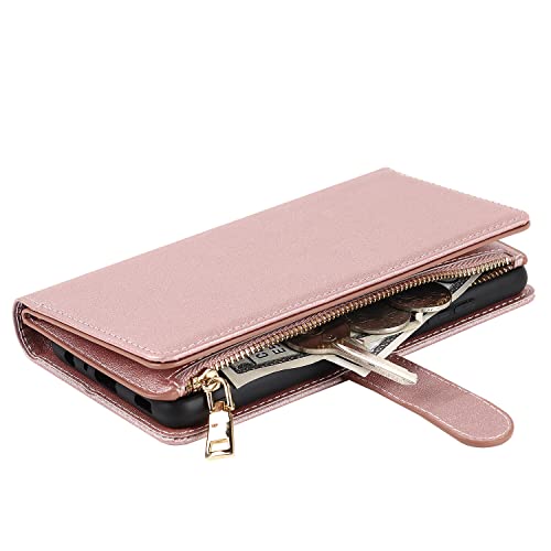 Elteker Samsung Galaxy A32 5G Wallet Case,[9 Card Holders] [Magnetic Closure] Premium Leather Cross Body Strap Flip Kickstand Women Wallet Case With Zipper For Samsung Galaxy A32 5G -Rose Gold #TOP1