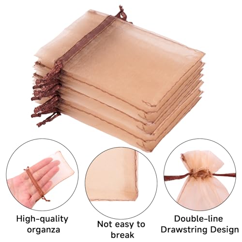 Image of joycraft 50Pcs Light Brown Organza Bags - 2.7x3.5 In Sheer Jewelry Mesh Pouch, Small Party Favor Drawstring Pouch for Wedding, Birthday, Baby Shower, DIY Craft