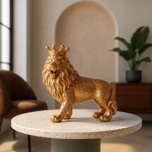 Image of Xtore Royal Gold Lion Figurine | Resin Home Decor Accent | Luxurious Art Piece for Living Room, Office, or Shelf | Symbol of Power and Majesty - Gold Finish