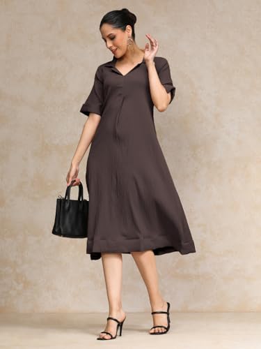 Image of Varanga Women Beige A -line Calf Length Dress Featuring Classic Shirt Collar and Short Sleeves which offering Comfort and Ease