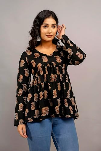 Image of Women's Floral Print Reyon Peplum Top - Casual Loose Fit 3 /4 Sleeve Tunic top, Stylish V-Neck Flared Kurti, Comfortable Everyday Wear