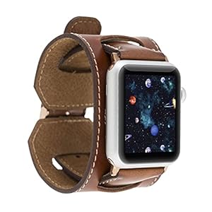 Cuff Watch Band Compatible with Apple 44mm for men & women, Handmade Genuine Leather, Compatible with iWatch Series 7 6 5 4 3 2 1 SE, Wrist Bracelet Arm Band, Large/Band-Russet