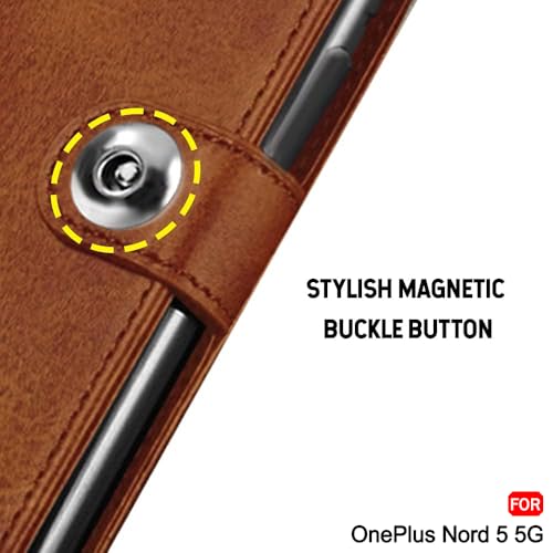 Image of TheGiftKart heGiftKart Genuine Leather Finish Flip Back Cover Case for OnePlus Nord 5 5G | Inbuilt Pockets & Stand | Wallet Style | Designer Button Magnet Flip Back Cover Case (Faux Leather, Brown)