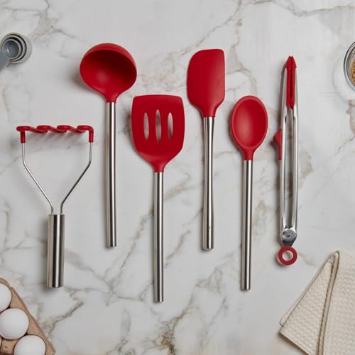 Image of Tovolo Silicone Cooking Utensil Set of 6 Stainless Steel Handle Ladle Slotted Turner Tongs Flex Core Spatula Scraper Mixing Spoon & Potato Masher, Dishwasher Safe BPA Free Utensils, Cayenne Red