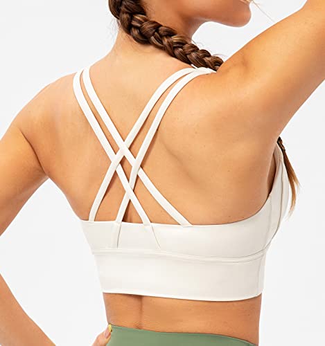 Lavento Women's Cross-Strap Sports Bra Longline Padded Medium Support Workout Yoga Bras Tops (Light Ivory, 6) #TOP5