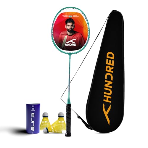 Image of Hundred Powertek 200 Aluminium Badminton Racket Combo, 1 Strung Racket with Full Cover & 3 Aura Nylon Shuttlecocks, Lightweight Shuttle Bats for Match Play
