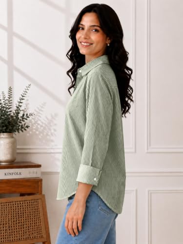 Image of Cotton Striped Shirt for Women with Long Sleeves, Ultra-Soft Cotton Blend, Regular Fit Womens Stylish Casual Shirt, Formal, Party, Beach, Summer Wear