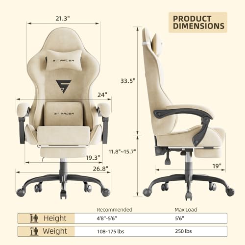 Image of Gaming Chair Racing for Adult, Office Chair with Footrest Massage Lumbar Cushion, Velvet Fabric Reclining Video Game Chairs, Ergonomic Computer Chairs Height Adjustable, for Home Streaming, Beige