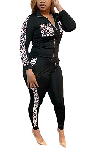 Aro Lora Womens Plus Size Leopard Print Sweatshirt Pant Set Two Piece Outfit Tracksuit Jogging Suit X-Large Black #TOP29