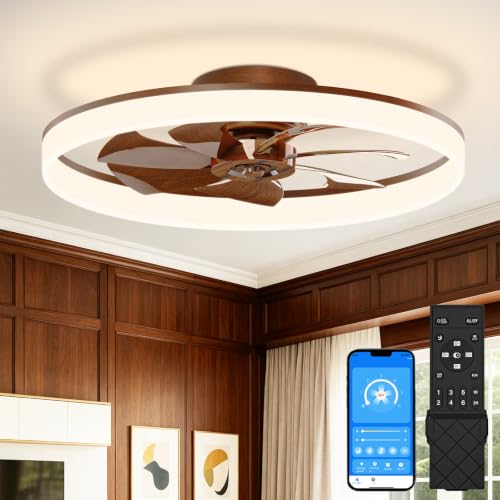 Image of VOLISUN Low Profile Ceiling Fans with Lights and Remote, 24in Fandelier Ceiling Fan Flush Mount, 3000K-6500K Smart Bladeless LED Fan Light, Farmhouse Ceiling Fans with Lights for Bedroom(Wood)