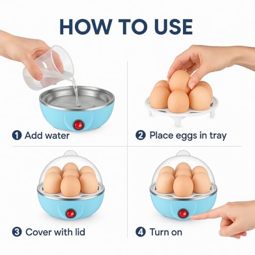 Image of Egg Boiler Electric Automatic Off 7 Egg Poacher For Steaming, Cooking, Boiling And Frying, 350 Watts (BLUE)