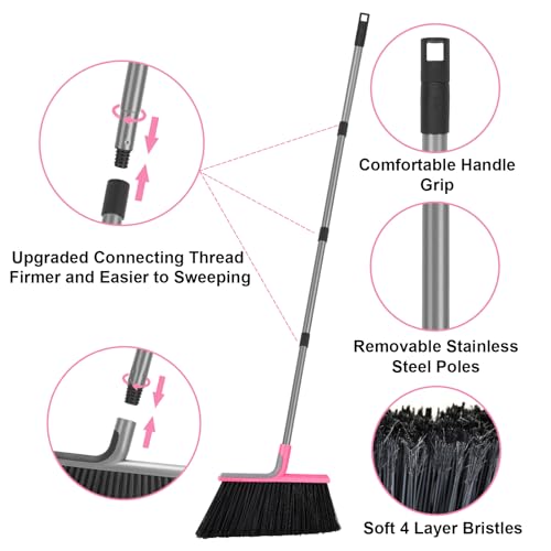Image of KeFanta Heavy Duty Outdoor Broom with 54.7 inch Long Handle, Pink