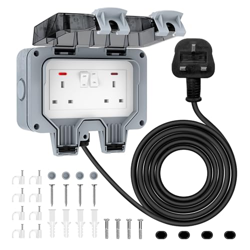Weatherproof Outdoor Socket Waterproof Double Socket 3M Extension Lead IP66 Switched Wall Electrical Outlet 13 Amp 2 Gang Power Socket Garden Outside Plug Sockets Cover Box