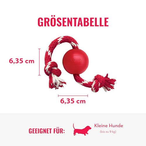KONG Ball mit Seil - Hundespielzeug mit Seil für einfaches Werfen - Aus strapazierfähigem Naturkautschuk - Für Kleine Hunde - Rot