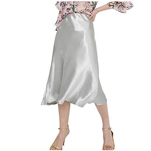 UOFOCO Womens Casual Satin High Waist Zipper Solid Color Loose A-Line Midi Skirts (X-Large,Silver)