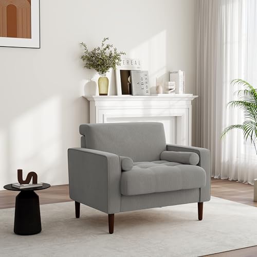 Image of Corduroy Accent Chairs Set of 2, Modern Upholstered Living Room Arm Chair Bedroom Reading Armchair with Bolster Pillows, Mid-Century Track Armrest Tufted Single Sofa Seat (Light Gray)