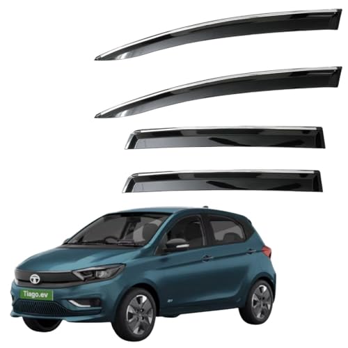Image of CAR SAAZ Unbreakable Chrome Smoke Door Visor, Vehicle-Specific Fit for Tiago EV (2022-Present), Sun & Rain Wind Deflector with Chrome Strip, Dark Smoke, Set of 4