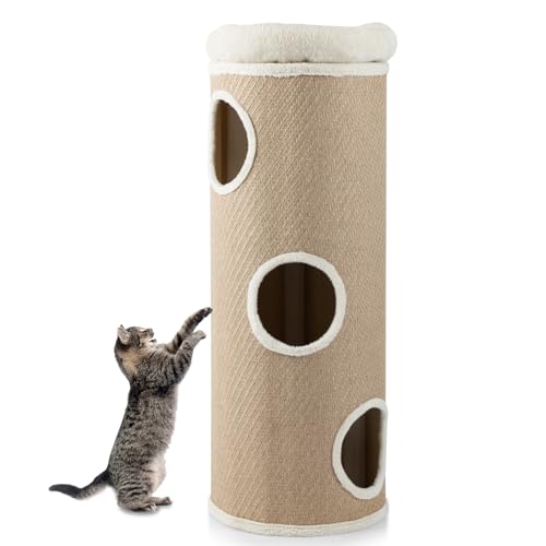 SOARS Kratztonne für Katzen XXL, 113 cm Katzentonne mit 3 Höhlen und abnehmbarem Plüschbett, Kratzbaum, Katzenturm, Ø 39 cm