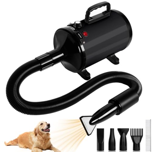 NESTRAOD High Velocity Dog Dryer for Grooming,2800W Dog Hair Dryer with Adjustable Speed and Heater,Professional Pet Blow Grooming Dryer with 4 Nozzles,Black