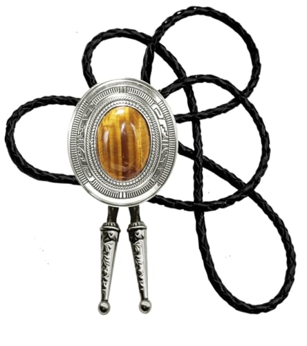 Image of Moranse Bolo Tie with Natural Tiger Eye Stone Celtic Style Genuine and Cowhide Rope