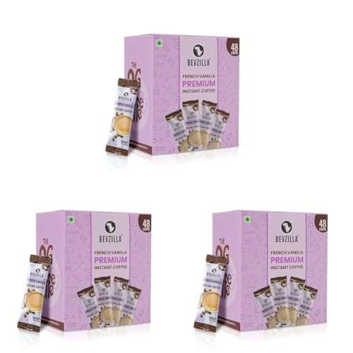Image of Bevzilla 48 Instant Coffee Powder Sachets (Vanilla) - 96 Grams|Hot & Cold Coffee|Makes 48 Cups|Strong Arabica Coffee|Easy To Carry|Best For Espresso, Latte, Cappuccino| Enjoy Hot & Cold Brews