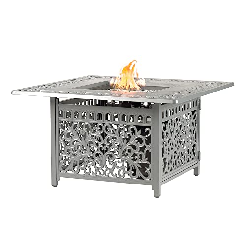 Image of Oakland Living Square 42 in. x 42 in. Aluminum Propane Fire Pit Table with Glass Beads, Two Covers, Lid, 57,000 BTUs in Grey Finish