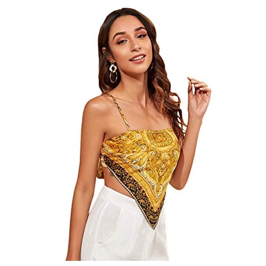 MakeMeChic Women's Tribal Print Tie Back Bandana Cami Crop Top Yellow S