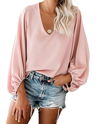 Qearal Office Shirts for Women,Womens V Neck Bell Sleeve Loose Solid Chiffon Blouse(M, Pink)