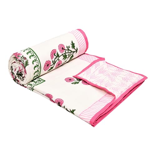 Image of BLOCKS OF INDIA Hand Block Printed Cotton Single Size Reversible Malmal Dohar for Summer (Pink Green BUTI)