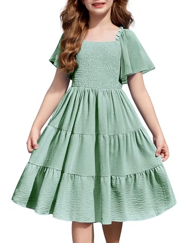 Arshiner Girls Summer Dress Tween Boho Casual Smocked Swing Flowy Ruffle Midi Dresses with Pockets