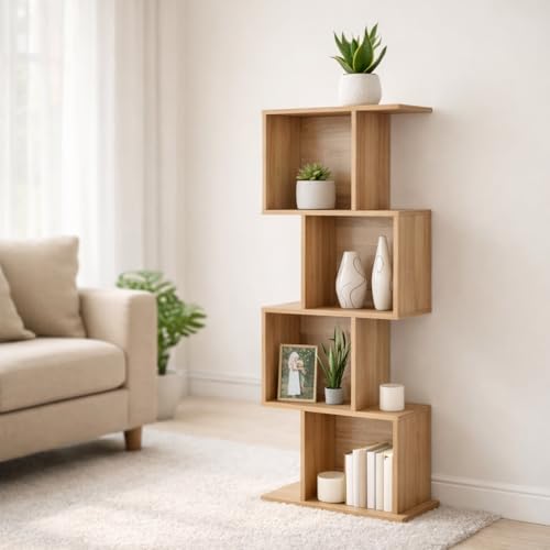 Image of Bookcase, Bookshelf, Freestanding Display Storage Shelves Open Bookcase for Bedroom, Small Bookshelf for Living Room and Office (Natural, S-Shaped)