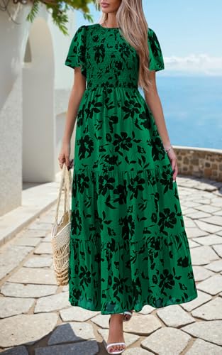 Image of PRETTYGARDEN Women's 2026 Summer Casual Flutter Short Sleeve Boho Floral Maxi Dress Crew Neck Smocked Tiered Long Dresses
