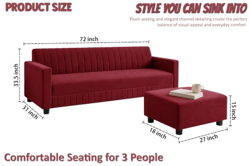 Image of Modern 3-Seater Velvet Sofa with Ottoman | Vertical Channel Tufted Backrest | Plush Cushioned Seating | Stylish Contemporary Sofa for Living Room, Bedroom & Office | Red