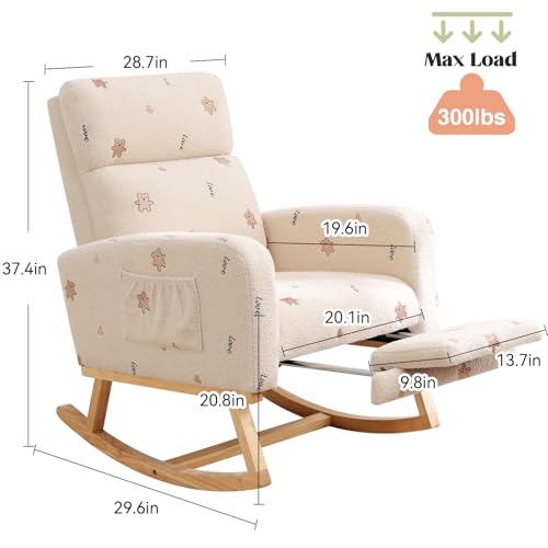 Image of HCHAIRH Rocking Chair Nursery, Nursing Rocking Chairs with Foot Rest for Mom Nursery, Teddy Glider Rocker Chair with Footrest and High Backrest for Living Room, Bedroom, Bear Printed Beige