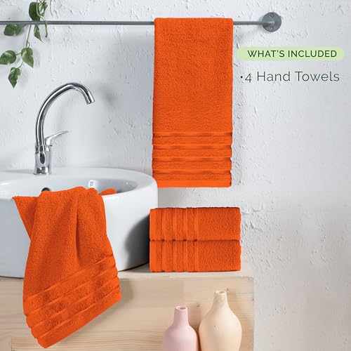 Image of Elegant Comfort 100% Turkish Cotton 4 Lines Viscose Stripe Luxury 4 Pack Hand Towel Set - Ultra Absorbent and Soft 16 x 28 Inch Premium Hotel Spa Quality Towels for Everyday Bath Use, Orange