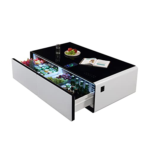 LIVTAB Smart Coffee Table, Living Room Table with Built in Fridge and Speakers, Smart Table with 15W Wireless Charging, USB Chargers and 110V Outlets (White) LIVTAB Smart Coffee Table, Living Room Table with Built in Fridge and Speakers, Smart Table with 15W Wireless Charging, USB Chargers and 110V Outlets (White)