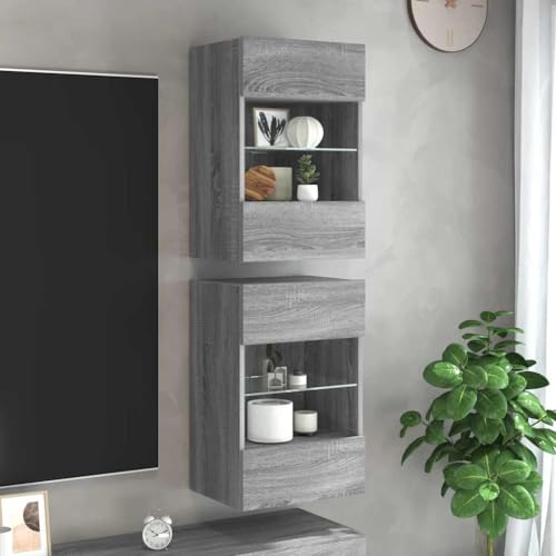 Homgoday TV-Wandschränke mit LED-Leuchten 2 STK. Schrankwand Fernsehschrank mit viel Stauraum, Anbauwand Wandmontage TV Möbel für Wohnzimmer Schlafzimmer Grau Sonoma