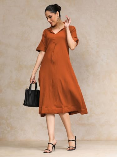 Image of Varanga Women Beige A -line Calf Length Dress Featuring Classic Shirt Collar and Short Sleeves which offering Comfort and Ease